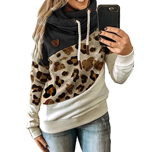 Newbestyle Color Block Hoodies for Women Cowl Neck Long Sleeve Hooded Sweatshirts Loose Jumper Tops Lightweight Pullover Big Leopard Black L