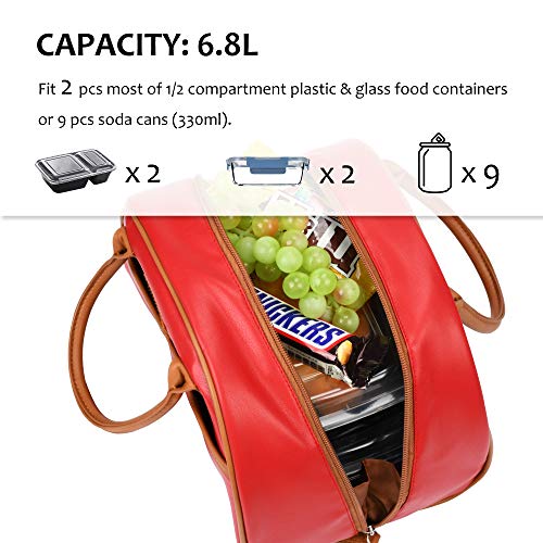 Tirrinia Insulated Lunch Bag For Women W/Leather Handle, Reusable Tote Bag For Men, Fashionable Cooler Lunch Box For Working/Picnic - Red #TOP4