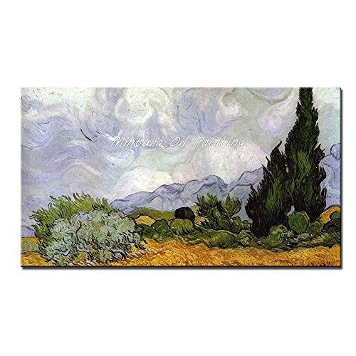 Hand Painted Oil Painting On Canvas,Hand Painting Vincent Van Gogh Impressionist Famous Oil Painting On Canvas Wheat Field With Cypresses Reproduction Oil Painting On Canvas Artwork For Living Room B