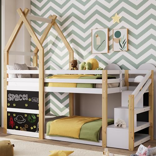 GJHOME House Bunk Bed with Stairs Twin Over Twin Toddler Bunk Beds with 2 Blackboards Wooden Low Bunk Beds with Storage Staircase for Kids Boys Girls, White Natural