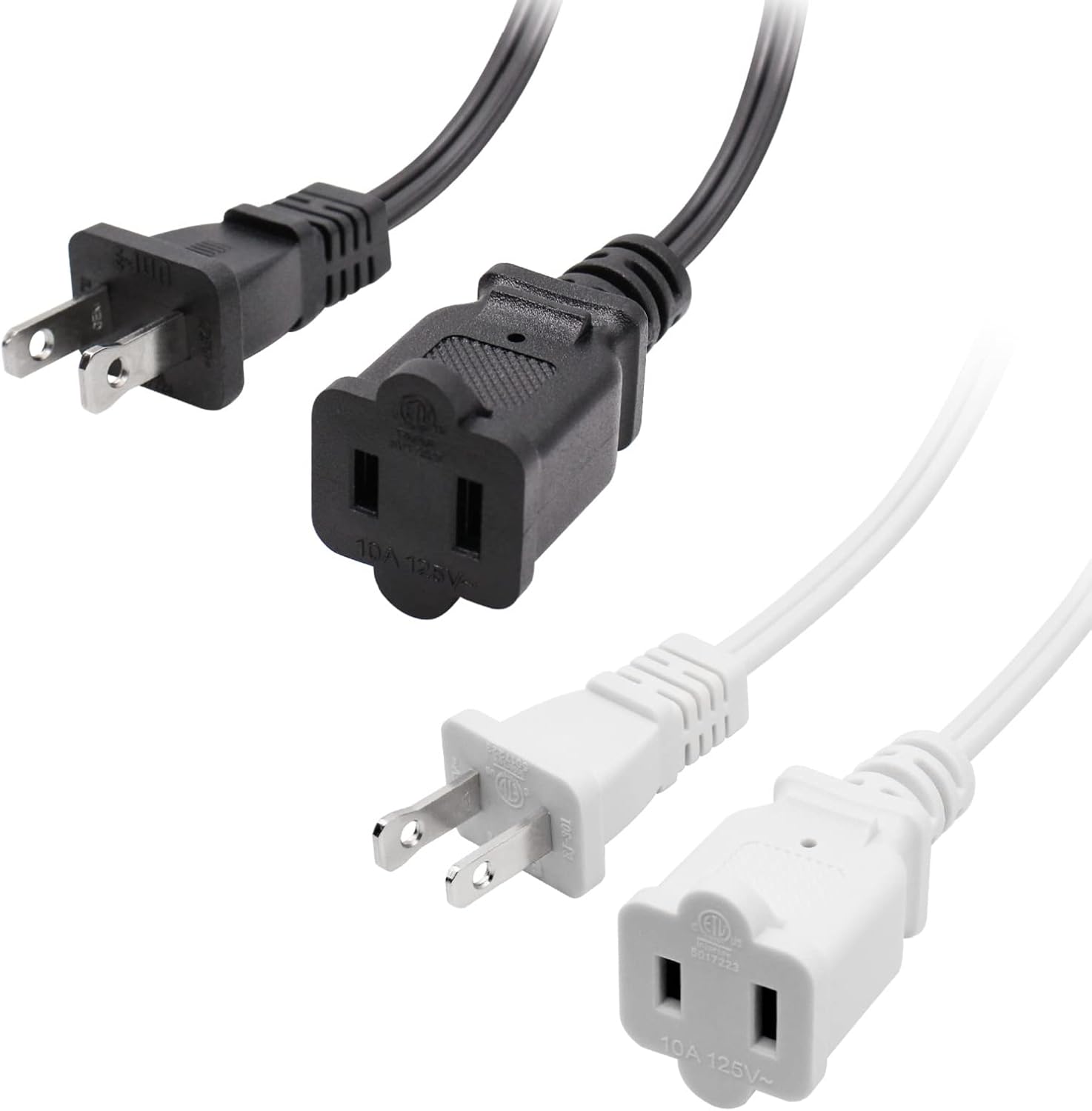 2 Pack 2 Prong Extension Power Cord 10FT, US Male/Female
