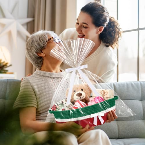 Image of Colingmill 1 Set Woven Basket for Gift Empty with Cellophane Wrap Set 14 x 10 x 5.5 Inch, Medium Decorative Gift Basket Empty to Fill, Cotton Rope Storage Box Decor (Red Green)