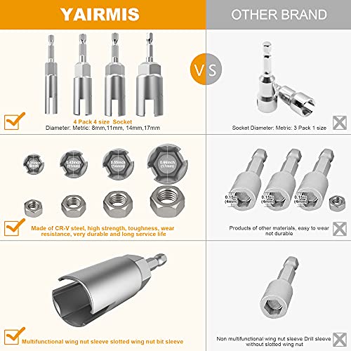 4 Pack 1/4" Hex Shank，Power Wing Nut Driver Set,Slot Wing Nuts Drill Bit Socket Wrenches Tools Set, Drills Bits For Panel Nuts Screws Eye C Hook Bolt (4 Pack 4 Size （8Mm,11Mm,14Mm,17Mm）) #TOP2
