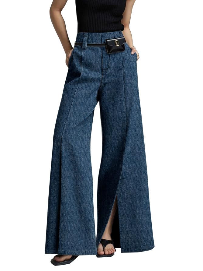 UOOZEE Women's Wide Leg Denim Pants Elastic High Waisted Split Hem Flared Jeans with Pockets