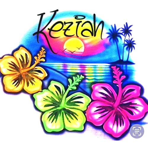 Airbrushed Beach, Hibiscus, Palms & Sunset T Shirt, Personalized with Name