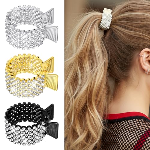 Mabor 3PCS Rhinestone Ponytail Clip, Gold Silver Black Alloy Hair Claws, Sparkly Fancy Hair Accessories for Women