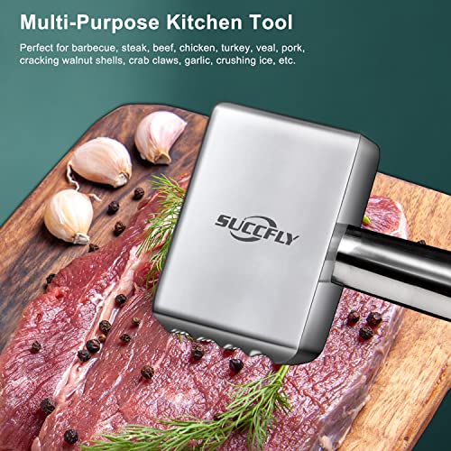 Succfly Meat Tenderizer Stainless Steel, Heavy Duty Meat Hammer, Kitchen Meat Mallet, Meat Pounder Flatterner Weighted Hammer Extended Handle For Labor-Saving Chicken Steak Meat Tenderizer Tool(1.6Lb) #TOP4