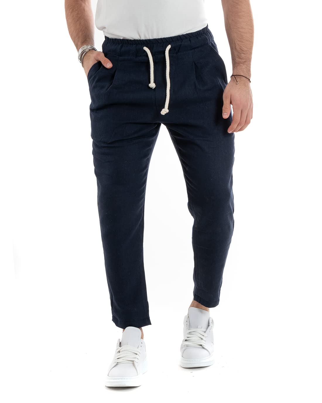 Giosal Pantalone Uomo Lungo Lino Elastico in Vita Tinta Unita Sartoriale Casual Made in Italy