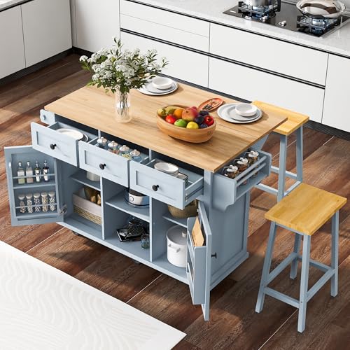 Yayzy Rolling Kitchen Island with 2 Bar Stools