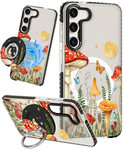 Coque Samsung S23 compatible Magsafe avec anneau support et motif champignon mignon pour femme