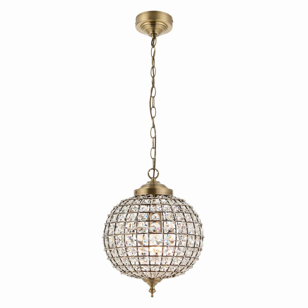 Betta Lighting Brass 1 Light Pendant Ceiling Light, Antique Finish With Clear Glass Beads