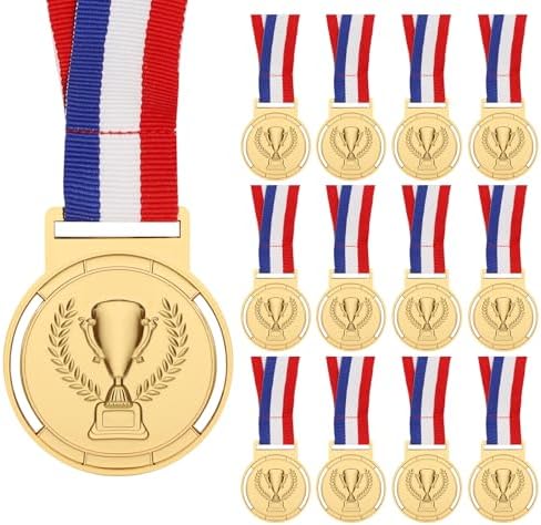 WD&CD 12Pcs Gold Award Medals Winner Medal Metal with Neck Ribbon for Events, Classrooms, Office Games and Sports