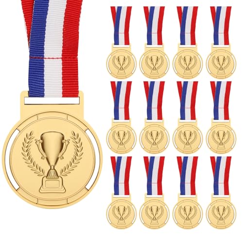 WD&CD 12 Piezas Ganador Medallas de Metal de Oro, con Cintas, para Fiestas Decoraciones y Concurso Premios Deportivos Día del Deporte Escolar