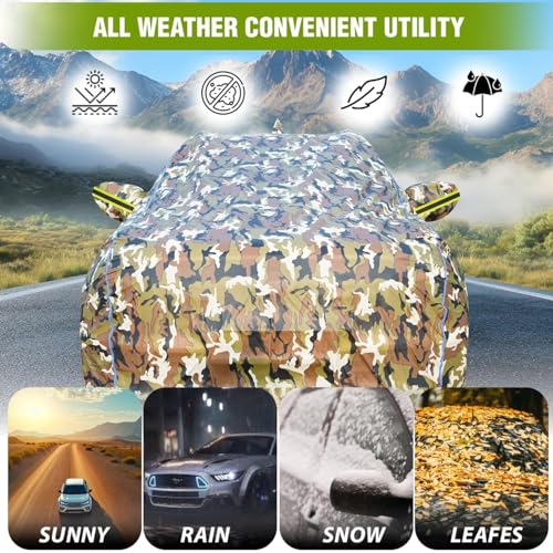 Image of for Maruti Baleno Car Cover for All Weather Protection with 100% Waterproof, Mirror Pockets, Soft Lining, Triple Stitched, Adjustable Belt and Bottom Elastic to Secure Fit (Army Print)