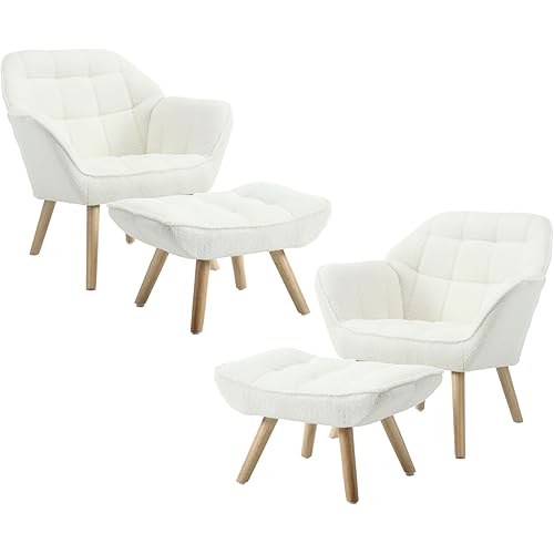 Modern Sherpa Accent Chair with OttomanSet of 2, Fluffy Upholstered Lounge Chair with Footrest, Comfy Living Room Chair Accent Side Chair Boucle Armchair for Small Space Bedroom, White