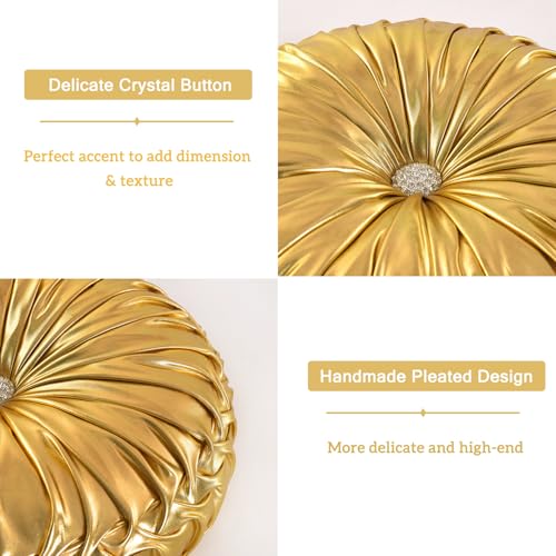 Image of HIG Set of 2 Handcrafted Gold Ruched Round Throw Pillows - 14.5'' Metallic Leather Decorative Pillows with Soft Polyester Filling for Couch, Bed, Living Room, Bedroom, or Dorm