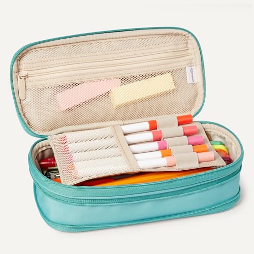 Image of Amazon Basics Large Capacity Pencil Case with Durable Zipper, Pencil Pouch for School Supplies and Stationery, Multi-Compartment, Easy to Carry, Cyan Mild