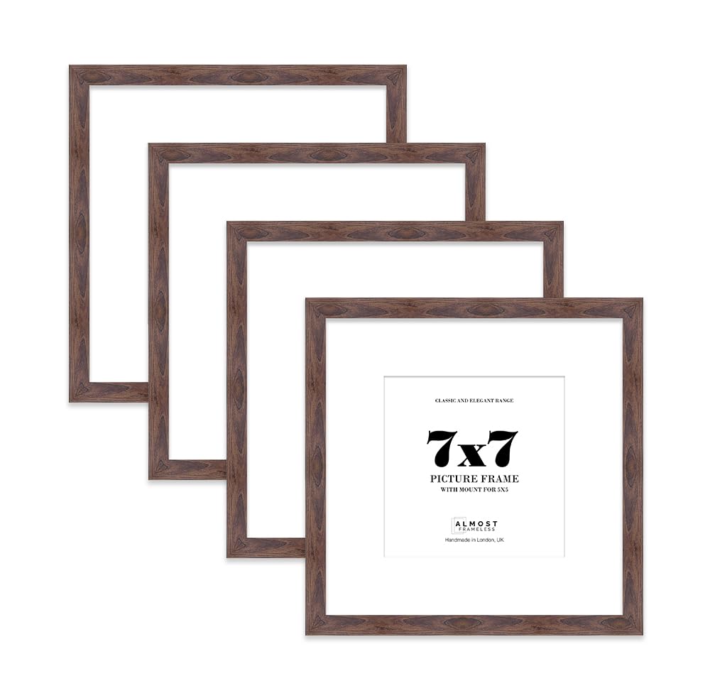 7x7 Walnut Picture Frame with Mount for 5x5 Photos, Prints - Modern Square Wall Frame, Set of 4