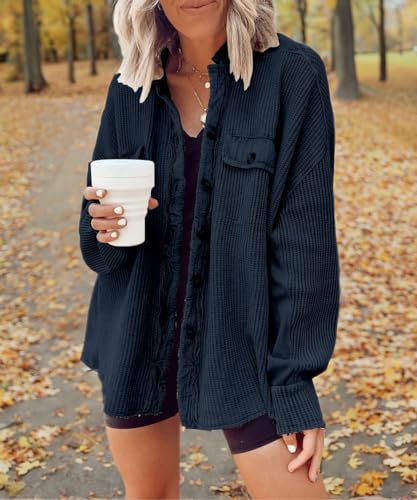 CHARTOU Women's Vintage Banded Collar Button Down Baggy Loose Fit Mid-Weight Frayed Waffle Knit Shacket Shirt Tops2