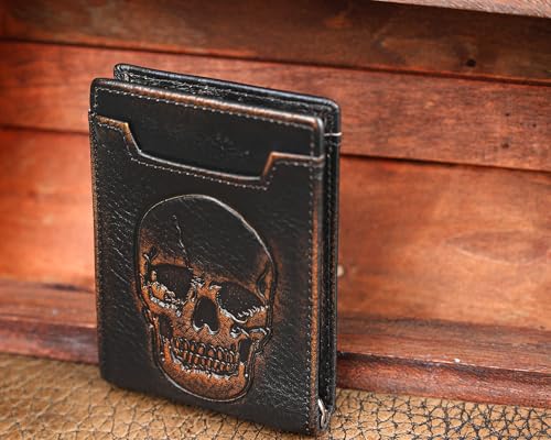 Image of DK86 Skull Wallet for Men with Money Clip Genuine Leather Bifold RFID Blocking Mens Slim Front Pocket Wallet with Hand Burnished