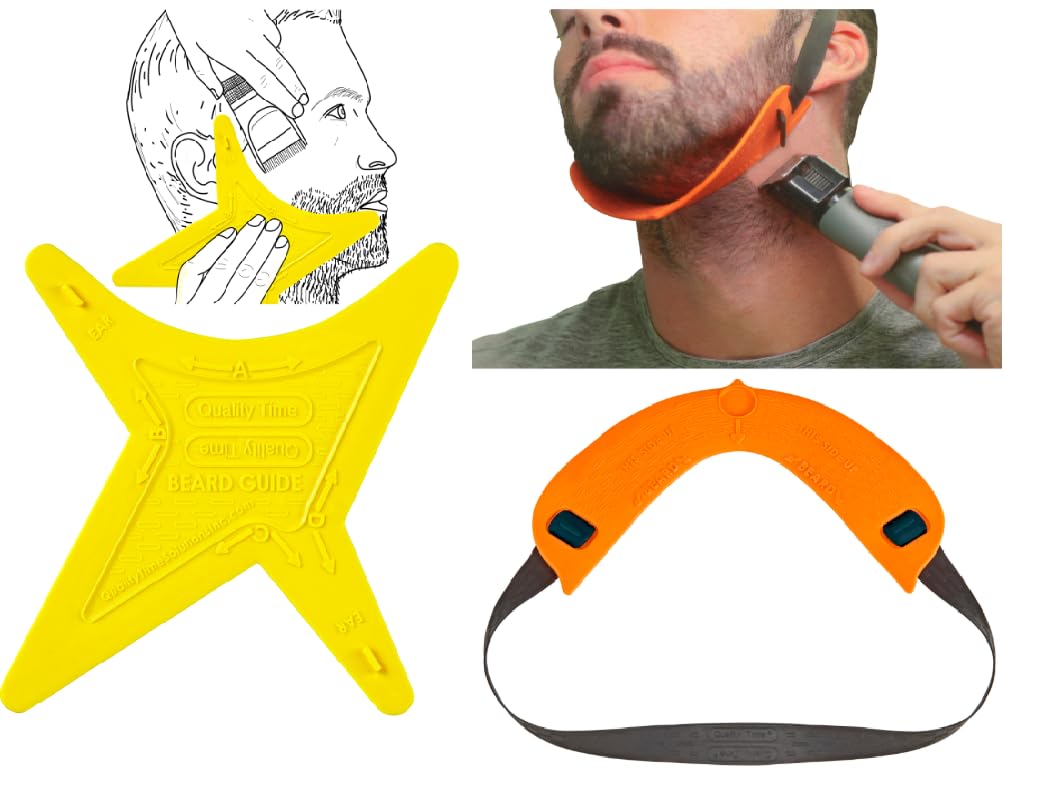 Quality Time Beard Shaping Template Kit – 2 Multi-Style Beard & Neckline Guides: Hands-Free, Two Tools for Defined Beard Lines, DIY, Use with Trimmer or Razor, Made in USA
