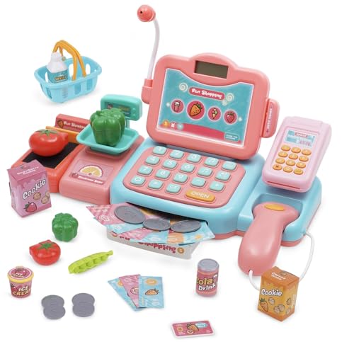 Caja Registradora Juguetes, Maquina Registradora Juguete con Calculadora Micrófono, Calculadora, Sonido, Escáner, Comida, Cesta, Tienda Supermercado Regalo para Niñas Niños 3 4 5 Años