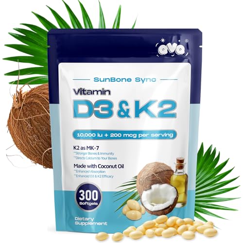 QVQ 300 Pcs 2 in 1 Vitamin D3 10000 iu Plus K2 (MK-7) 200 mcg Virgin Coconut Oil Softgels with Vitamins D & K Supports Calcium Absorption Bone Immune & Heart Health Easy to Swallow