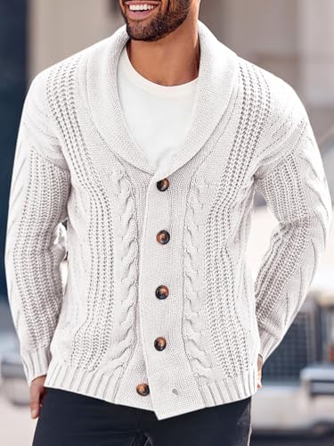 Image of Karlywindow Mens Cable Knit Cardigan Sweater Shawl Collar Loose Fit Long Sleeve Casual Cardigans