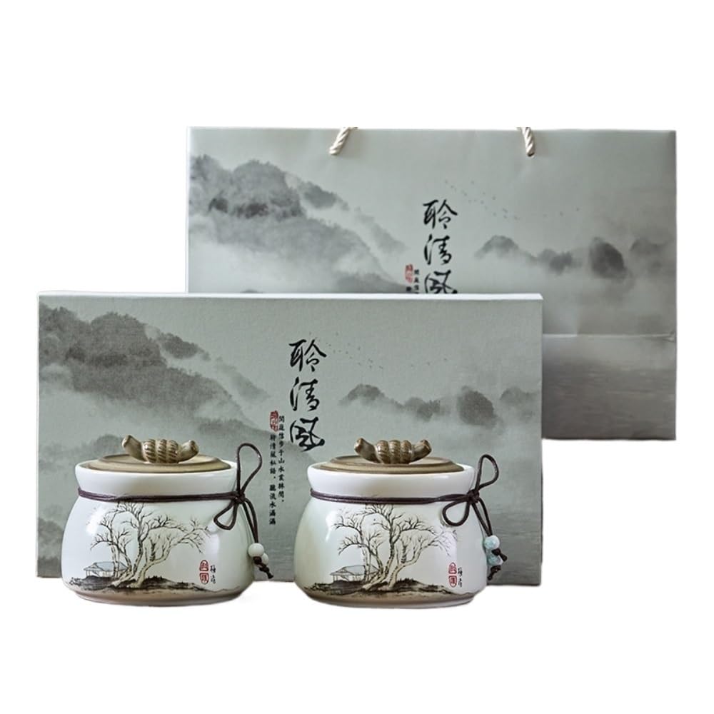 Tarros de Té Recipiente for almacenar té suelto pintado a mano vintage, tarro de cerámica sellado, juego de té chino, caja de regalo con tarro doble Recipientes para Guardar Té con Tapas