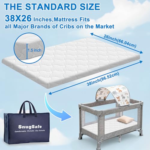 Image of Breathable Pack and Play Mattress Pad (38 inchx26 inchx1.5 inch), Waterproof Pack n Play Mattress Pad with Anti-Slip Bottom, Portable Playard Mattress with Carry Bag, 1.5 inch Thick