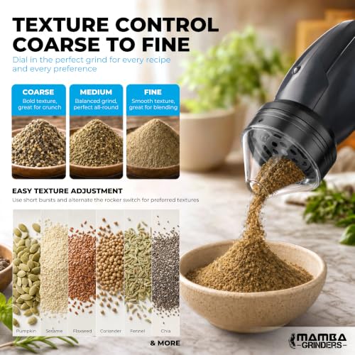 Image of Mamba Original Electric Seed Grinder, USB-C Rechargeable Spice Mill, Black | 1g, kitchen seasoning for meal prep, coarse-to-fine textures, 1200 mAh battery, aluminium teeth, 3 Nm torque, easy filling