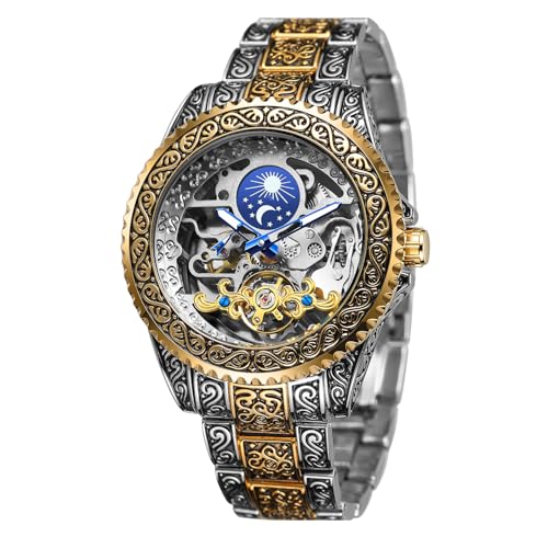 Image of Gute Men's Watch Retro Mechanical Skeleton Watch with Carved Automatic Tourbillon, Moon Phase, Independent Seconds, and Big Dial Design - Self-Wind Automatic Wrist Watches