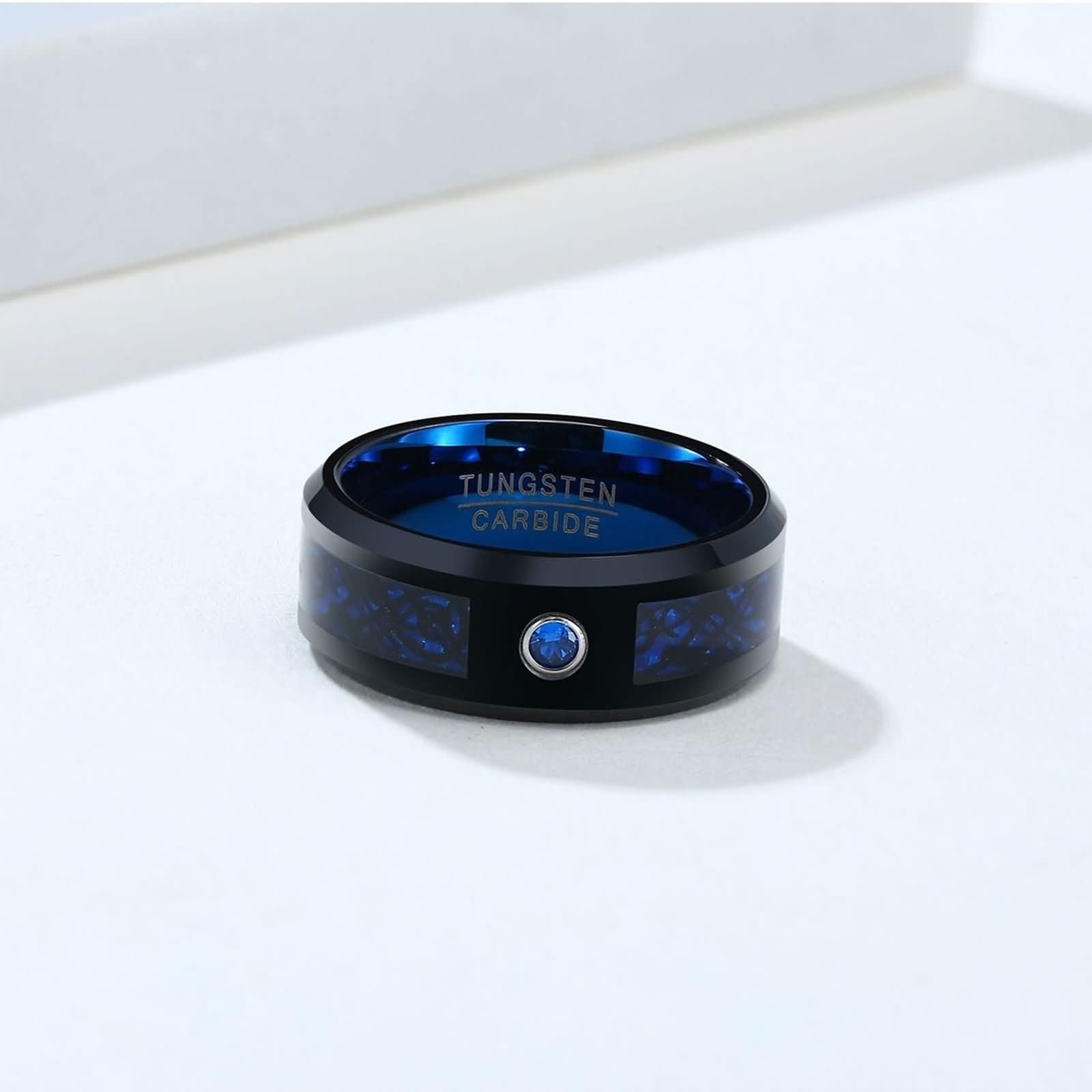 Daesar Bague de Fiancaille Couple, Anneau Femme et Homme Tungstène Ronde Fibre de Carbone Polie 8MM avec Zirconium Bague Mariage Noir Bleu