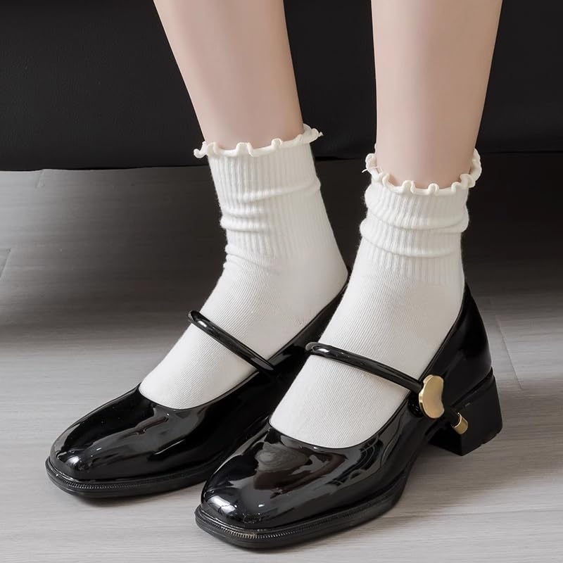 1pair Ruffles Ankle Socks Women Lolita Cute Kawaii Korean Stocking Spring Black White Middle Tube Japanese Sox - Main Image
