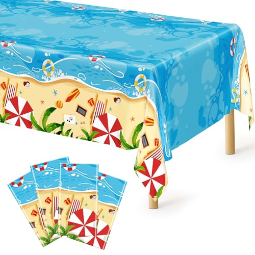 Image of QZYL 4 PCS Summer Beach Tablecloth, 54 x 108 Inch Pool Beach Tablecloth Summer Party Decorations, Disposable Plastic Beach Table Cloth, Hawaiian Table Cloth for Summer Tropical Pool Party Decorations