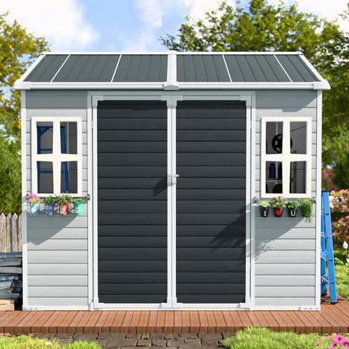 8x6 FT Resin Shed, Waterproof Outdoor Storage Shed w/Floor, 2 Win...