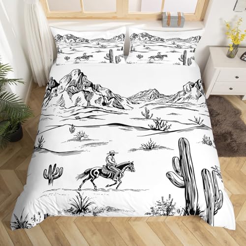 Western Duvet Cover Toddler Size for Kids Boys Teens,Cowboy Desert Adventure 2 Pieces Duvet Cover,Tropical Cactus Plants Soft Comforter Cover (Not Comforter),Hand Drawn Landscape Quilt Cover