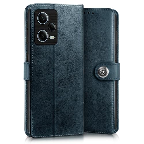 Image of WOW IMAGINE Shock Proof Flip Cover Back Case for Redmi Note 12 Pro 5G (Magnetic Button Flip Case | Wallet Pockets & Stand | Leather Finish | Oxford Blue)