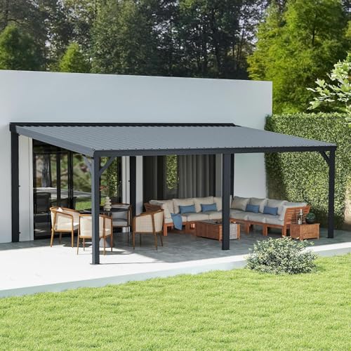Domi Wandmontierter Pavillon 3 6 x 6 1 m Terrassenüberdachung mit eingebautem Entwässerungssystem verzinktem Stahldach Hardtop-Terrassenunterstand für Deck Veranda Hinterhof und mehr Grau