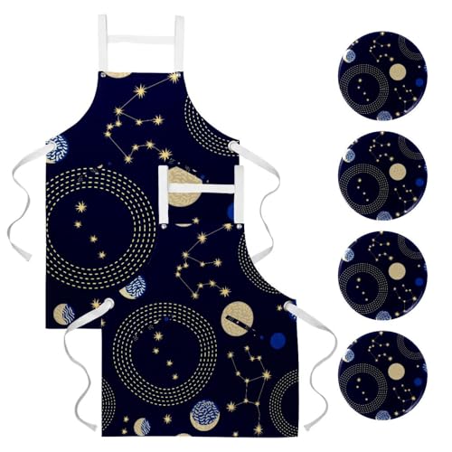 Lot de 2 tabliers de cuisine avec 4 broches et motifs constellations lune