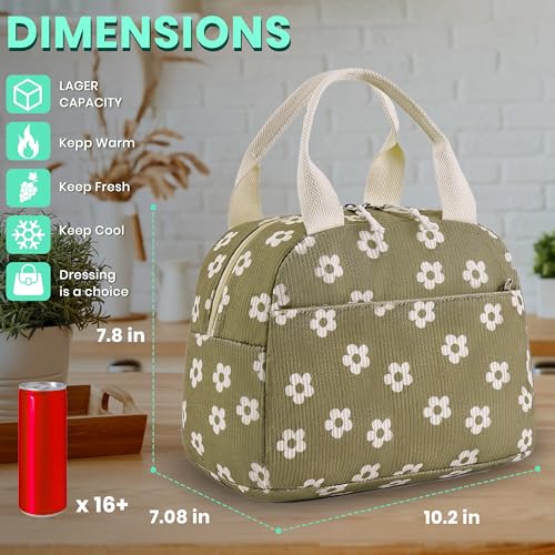 Lunch Bag for Women Grils Adult Cute Corduroy Lunch Tote Bags Reusable Insulated Lunch Box Large Capacity for Work Picnic or Travel (Brown-WhiteFlower) — view 2