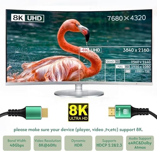 Image of ETZIN 8K 1.5M HDMI Cable 48Gbps Ultra High Speed HDMI Cord, Support 4K@120Hz 8K@60Hz, Dynamic HDR,e-ARC Compatible with Dolby Vision Atmos TV X-box Series X PS5 EPL-1148CC (1.5M)