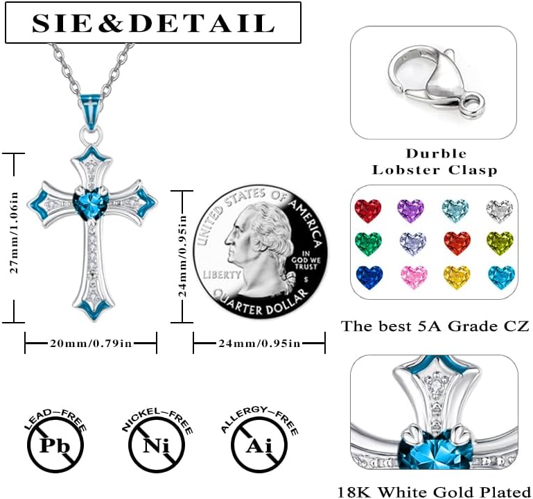 HeartMelody Cross Necklace for Women 18K White Gold Plated Heart CZ Birthstone Cross Faith Pendant Necklaces Religious Christian Jewelry Anniversary Birthday Mother's Day Gifts for Women