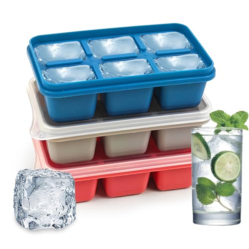 MSLHUB Eiswürfelform Silikon, 3 Stück Eiswürfelbehälter Silikon mit Deckel, 6-Fach Quadratische Eiswürfel Formen Bpa Frei, Ice Cube Tray für Cocktails Whiskey Bier Getränke (3 Farbe)