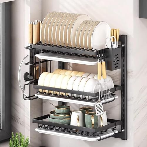 Genérico Escurridor De Platos De Pared En Acero Inoxidable, 2 O 3 Niveles, con Bandeja De Drenaje, Secado Eficiente Y Ahorro De Espacio(Size:3 Tier 42cm,Color:Negro)