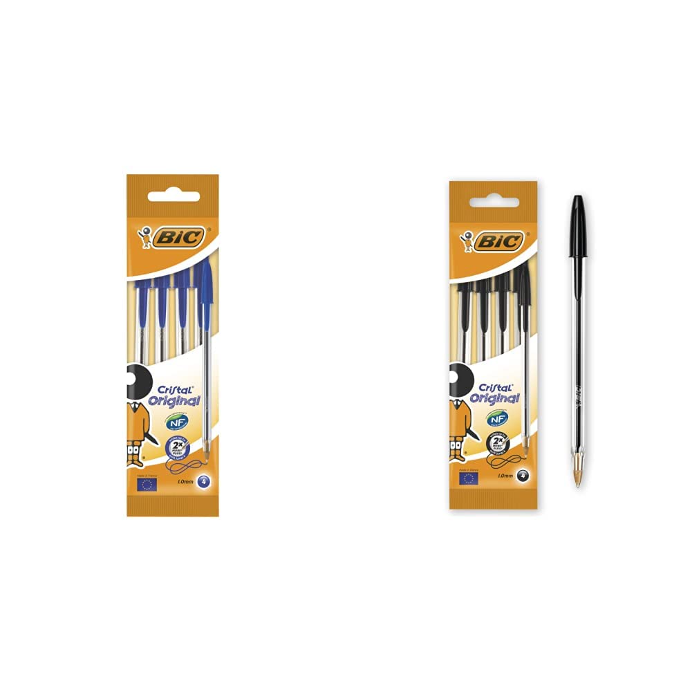 BIC Cristal medium Bolígrafo de punta redonda, color azul, pack de 4 unidades + Cristal Original Bolígrafo de punta redonda, color negro, pack de 4 unidades