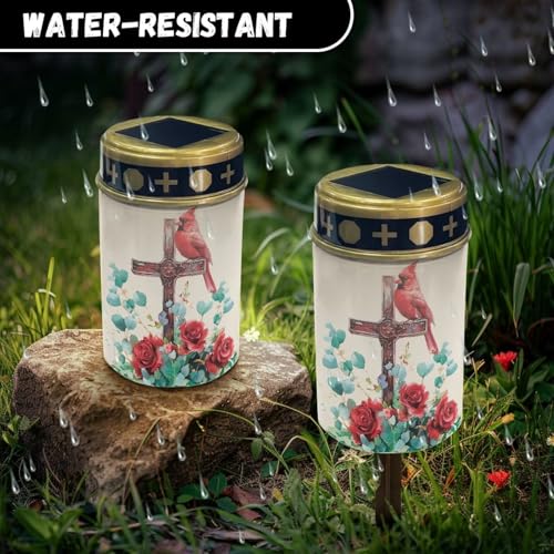 Image of Cardinal Bird Cross Rose Solar Grave Lights for Cemetery Flameless Solar Powered Light for Prayer Waterproof Cemetery Solar Lights for Grave Cemetery Decor