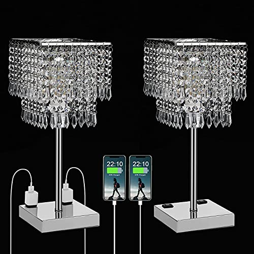 Acaxin Crystal Table Bedside Lamp Set Included Bulb, Touch Control & 3-Way Dimmable, Square Bedroom Nightstand Lamp with 2 Outlets for Charging, Glam Decorative Tabletop Lamp for Bedroom, Guest Room