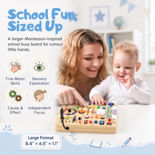 Image of Busy Board with LED Light Switches, Montessori Toys for 1 2 3 Years Old, Toddlers Wooden Toy Sensory Activity Board, Travel Toys for 1+ Year Old Boy & Girl Birthday Gift (School 19 Switches)