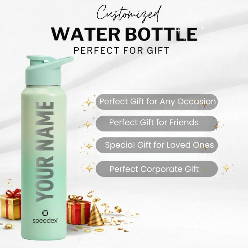 Image of Speedex Engraved Name Stainless Steel Sipper Water Bottle 1 Ltr - Customised Personalised Bottle for Kids & Adults, School, Gym, Sports, Dual Green, Set of 1